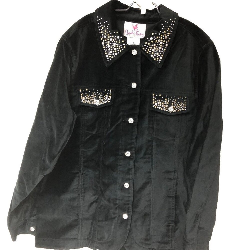 NWT Quacker Factory Womens S‎ Black Velvet Studded Jean Jacket Bling Goth Witch
